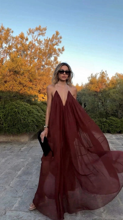 Elegant V-neck Chiffon Flowy Maxi Dress