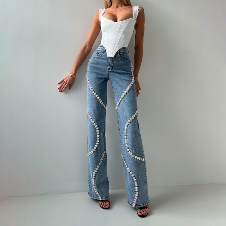 VELISSIA™ | Women’s Pearl Jeans – High Waist & Glamorous Details