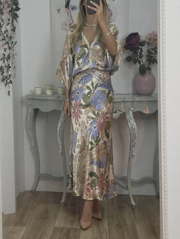 Elegance Bloom™ 2-Piece Floral Satin Set – Fishtail Silhouette