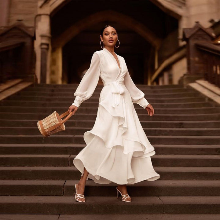 VELISSIA™ | White Maxi Dress – Flowing Ruffles & Puff Sleeves