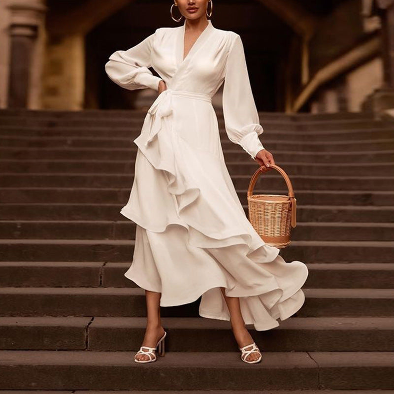 VELISSIA™ | White Maxi Dress – Flowing Ruffles & Puff Sleeves