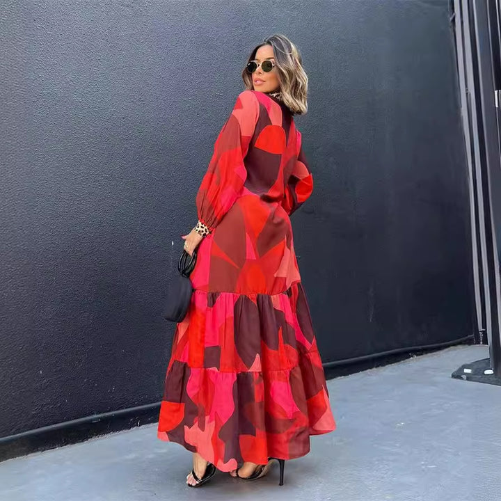 VELISSIA™ | Red & Leopard Maxi Dress – Bohemian Boldness & Wild Elegance