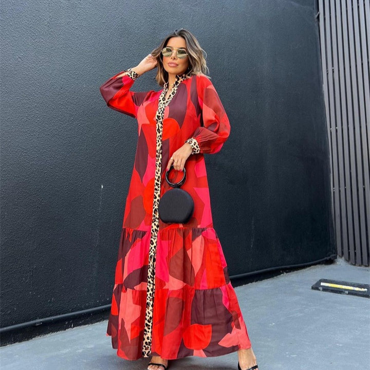 VELISSIA™ | Red & Leopard Maxi Dress – Bohemian Boldness & Wild Elegance
