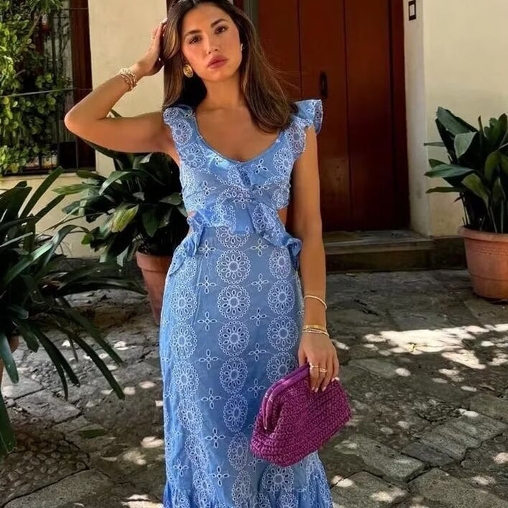 VELISSIA™ | Embroidered Maxi Dress – Ruffled Shoulders & Tie-Back Detail