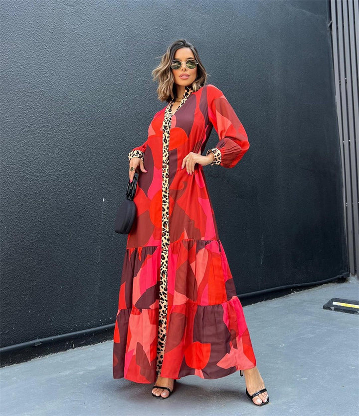 VELISSIA™ | Red & Leopard Maxi Dress – Bohemian Boldness & Wild Elegance