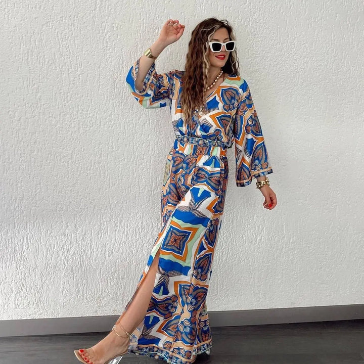 VELISSIA™ | Bohemian Palazzo Set – Azure Hues & Oriental Charm