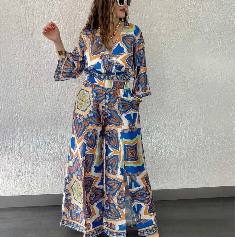 VELISSIA™ | Bohemian Palazzo Set – Azure Hues & Oriental Charm