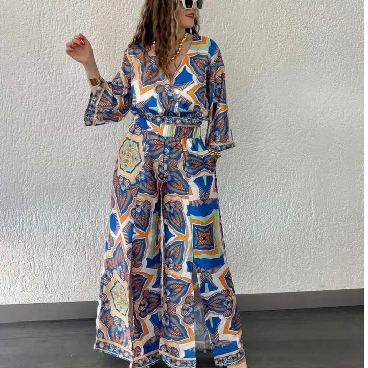 VELISSIA™ | Bohemian Palazzo Set – Azure Hues & Oriental Charm