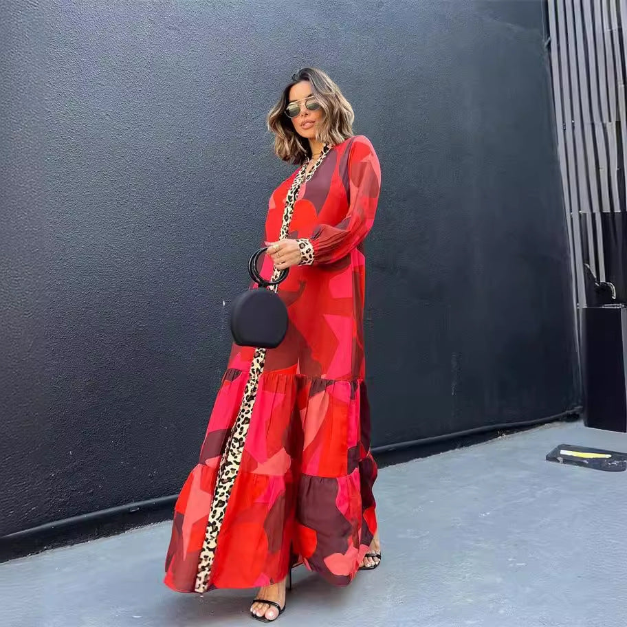 VELISSIA™ | Red & Leopard Maxi Dress – Bohemian Boldness & Wild Elegance