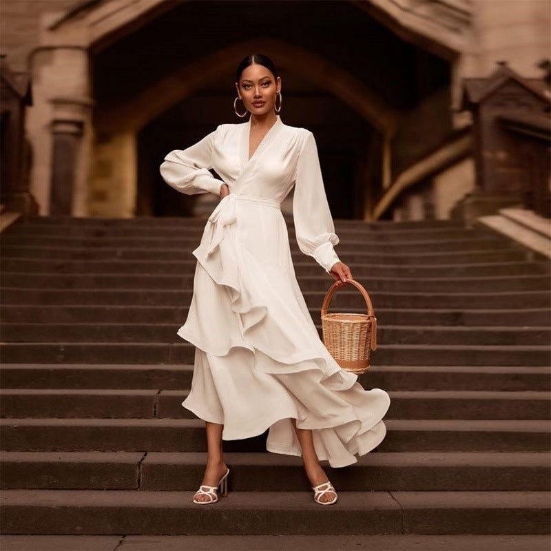 VELISSIA™ | White Maxi Dress – Flowing Ruffles & Puff Sleeves