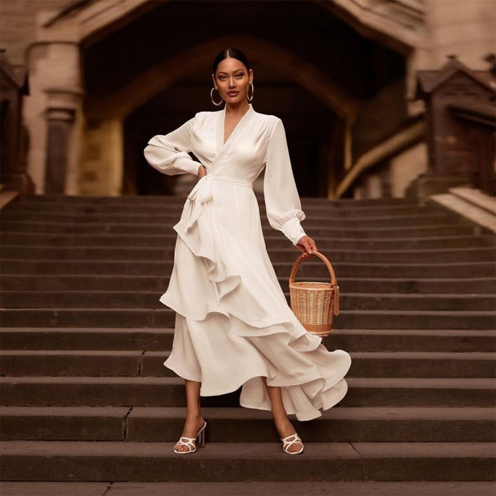 VELISSIA™ | White Maxi Dress – Flowing Ruffles & Puff Sleeves
