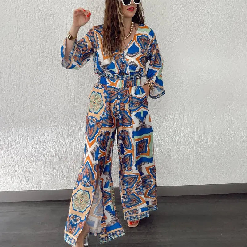 VELISSIA™ | Bohemian Palazzo Set – Azure Hues & Oriental Charm
