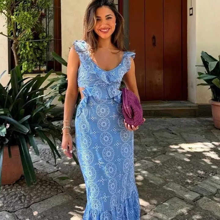 VELISSIA™ | Embroidered Maxi Dress – Ruffled Shoulders & Tie-Back Detail