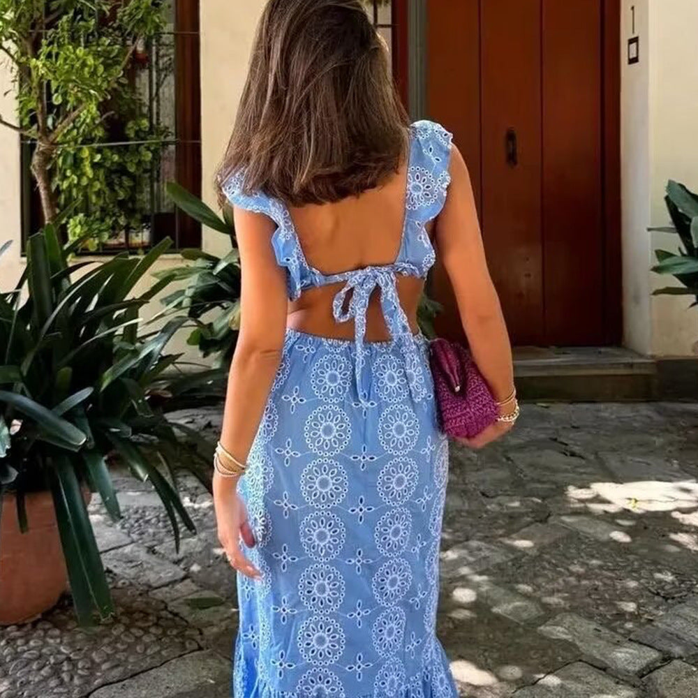 VELISSIA™ | Embroidered Maxi Dress – Ruffled Shoulders & Tie-Back Detail