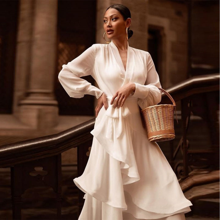 VELISSIA™ | White Maxi Dress – Flowing Ruffles & Puff Sleeves