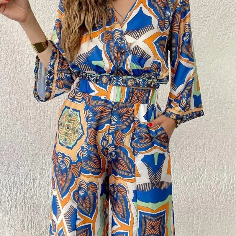VELISSIA™ | Bohemian Palazzo Set – Azure Hues & Oriental Charm