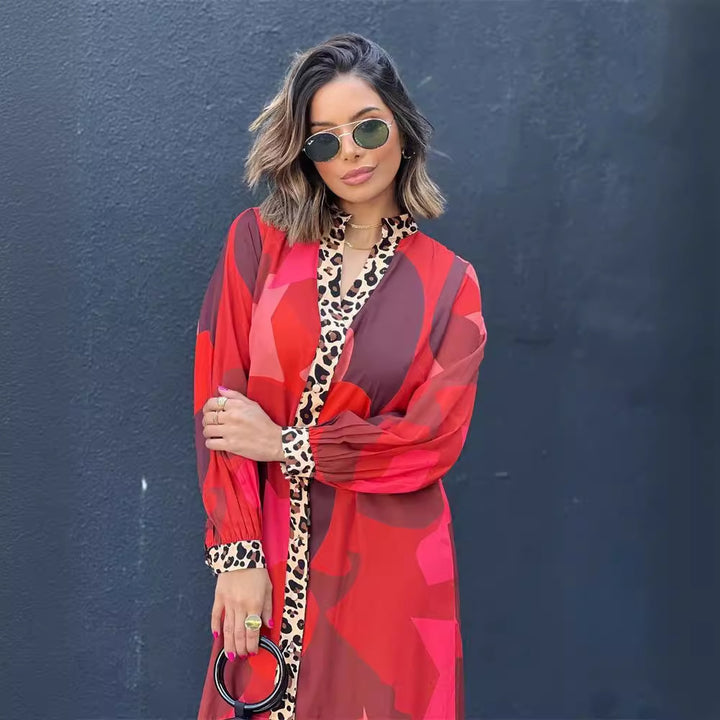 VELISSIA™ | Red & Leopard Maxi Dress – Bohemian Boldness & Wild Elegance