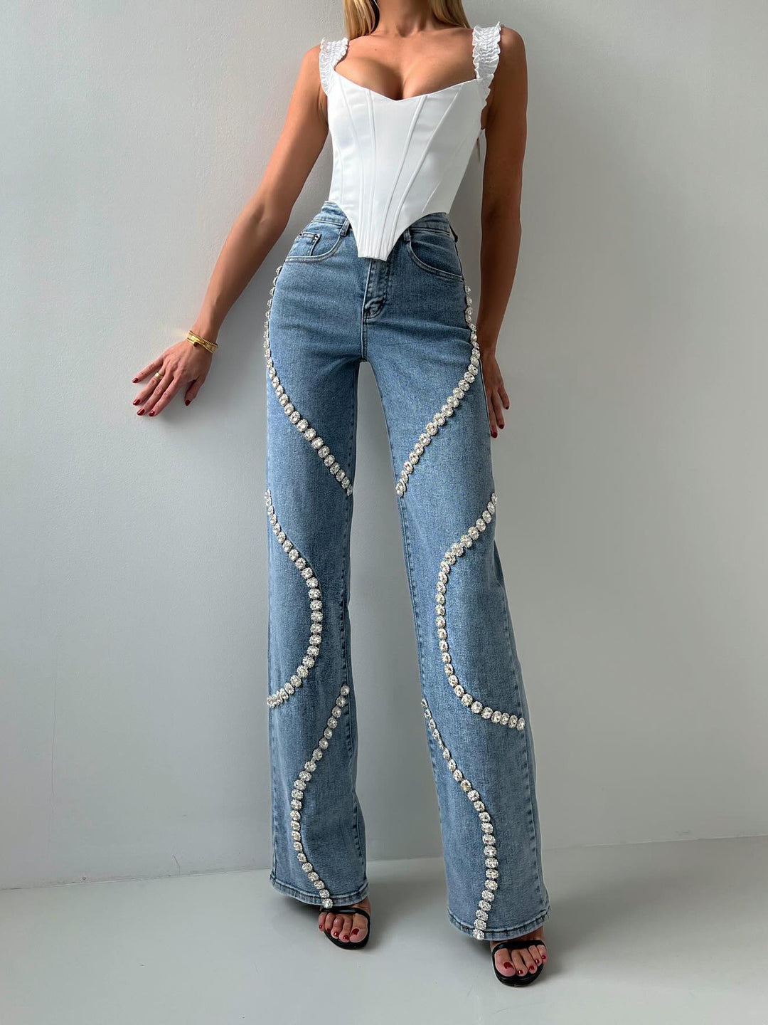 VELISSIA™ | Women’s Pearl Jeans – High Waist & Glamorous Details