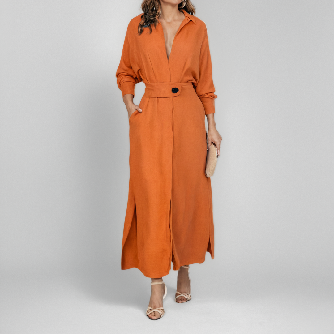 Belted Linen Shirt Dress – Elegant Long Sleeve Midi for Summer